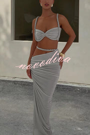 Sexy Halter Back Braided Suspender Top and Beach Holiday Style Hip-wrapped Maxi Skirt Set
