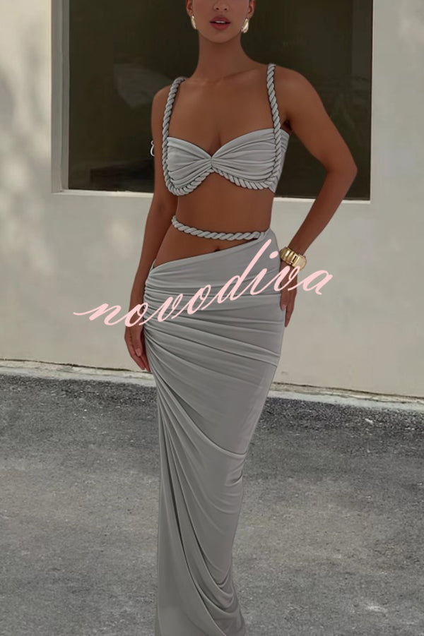 Sexy Halter Back Braided Suspender Top and Beach Holiday Style Hip-wrapped Maxi Skirt Set