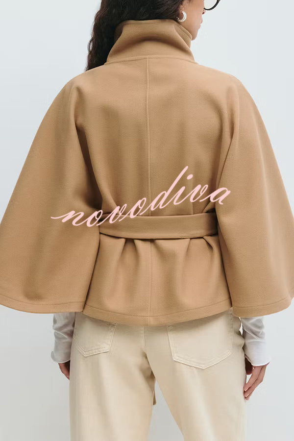 Fashionable Stand Collar Button Waist Tie Loose Cape