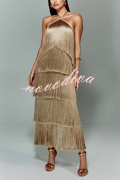 Sexy Halterneck Backless Elegant Fringe Maxi Dress