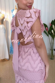 Elouise Wave Dot Embroidery Lace Back Tie-up Top and Elastic Waist Maxi Skirt Set