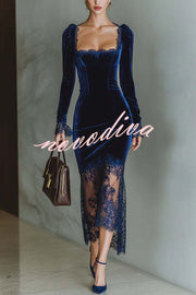 Fashionable Velvet and Lace Patchwork Square Neck Long-sleeved Maxi Dress