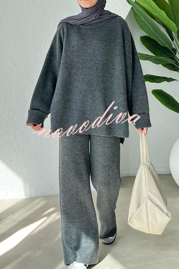 Solid Color Loose Long-sleeved Knit Top and Elastic Waist Casual Straight Leg Pants Set