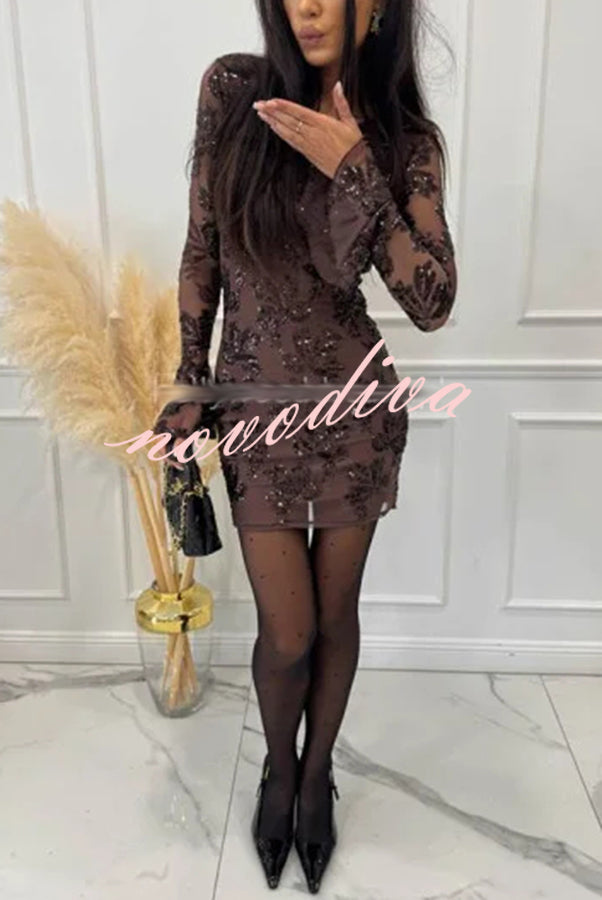 Deep and Dazzling Floral Texture Sequin Long Bell Sleeve Open Back Mini Dress