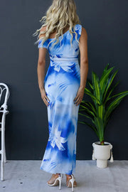 Escala Mesh Overlay Floral Print One Shoulder Cross Detail Slit Stretch Maxi Dress