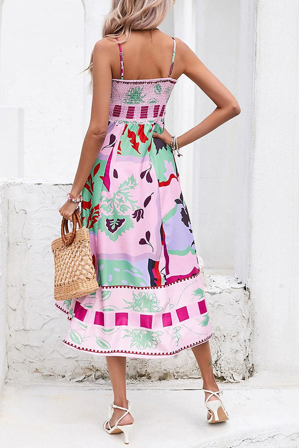 Tea Party Vibes Unique Print Pocketed Smocked Back Midi Dress