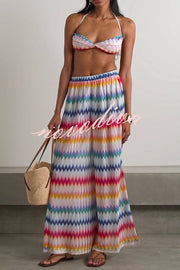 Colorful Zigzag Pattern Halter Neck Stretch Bikini and Elastic Waist Slit PantsThree-Piece Set