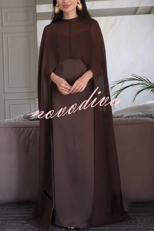 Moonlit Muse Sheer Chiffon High Low Cape Slip Maxi Dress