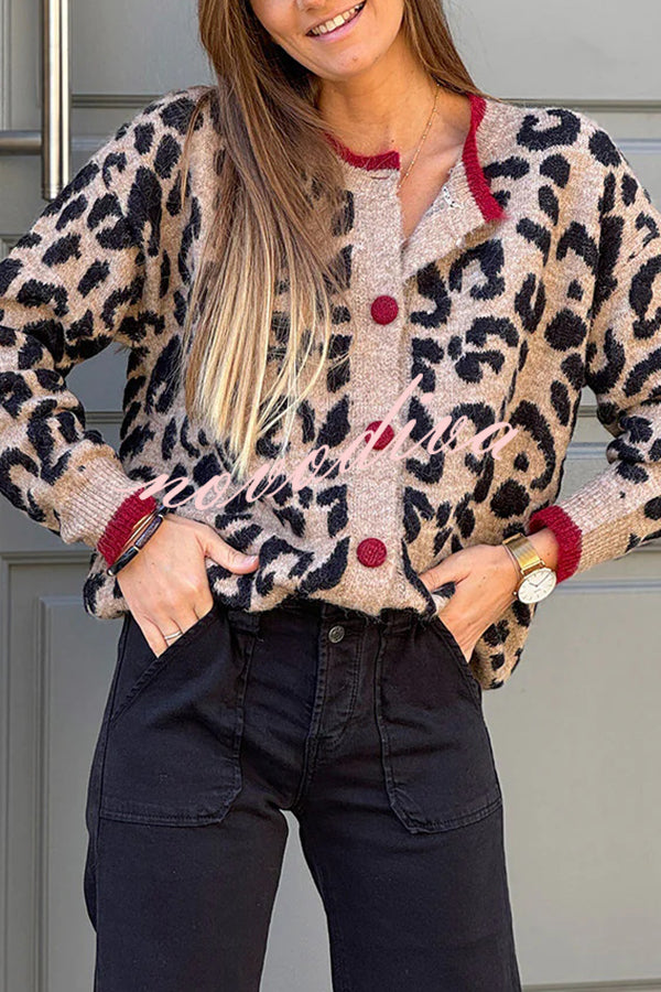 Leopard Print Crew Neck Long-sleeved Loose Knit Cardigan