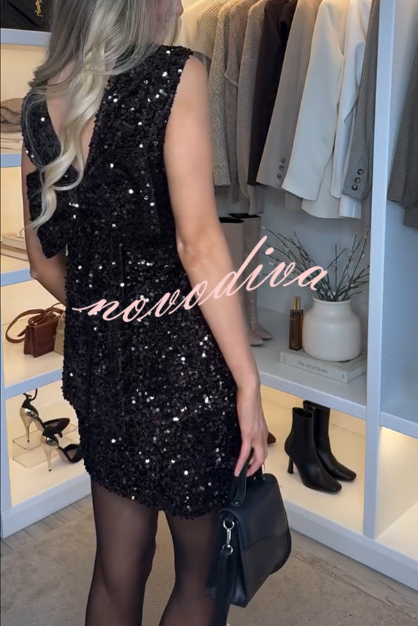 Glam Season Velvet Sequin Back Oversized Bow Design Sleeveless Loose Mini Dress