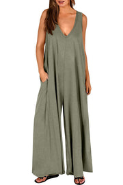 Solid Color V-neck Sleeveless Loose Pocket Wide-leg Jumpsuit