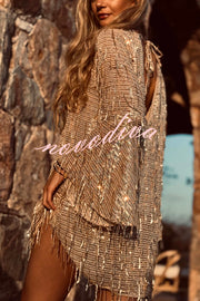 Flowing Shimmer Sequin Tassel Fabric Bell Sleeve Back Tie-up Loose Mini Dress