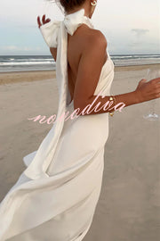 Floral Embellished Satin Halterneck Backless Resort Maxi Dress