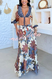 Unique Printed V-Neck Tie Cropped Top and Elastic Waist Casual Maxi Skirt Set