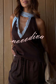 Sunday Social Contrast Color Satin Lace Trim Neck Strap Loose Tank