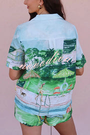 Pool Parties Linen Blend Unique Print Short Sleeve Shirt and Elastic Waist Pocket Shorts Set