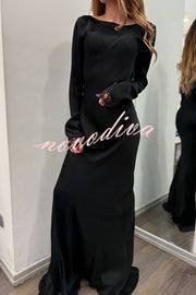 Mystic Moment Satin Lace Trim Long Sleeve Backless Maxi Dress