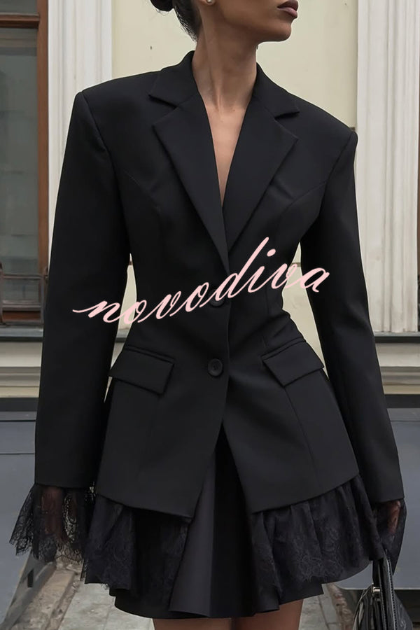 Solid Color Lace Panel Long Sleeve Button Elegant Blazer