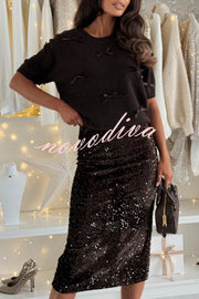 Light The Night Velvet Sequin High Rise Elastic Waist Pencil Slit Midi Skirt