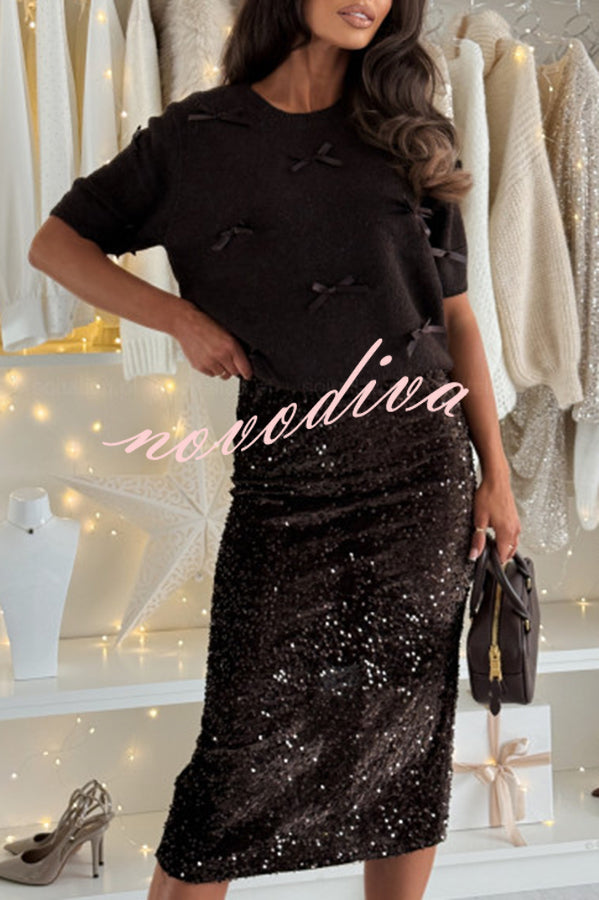 Light The Night Velvet Sequin High Rise Elastic Waist Pencil Slit Midi Skirt