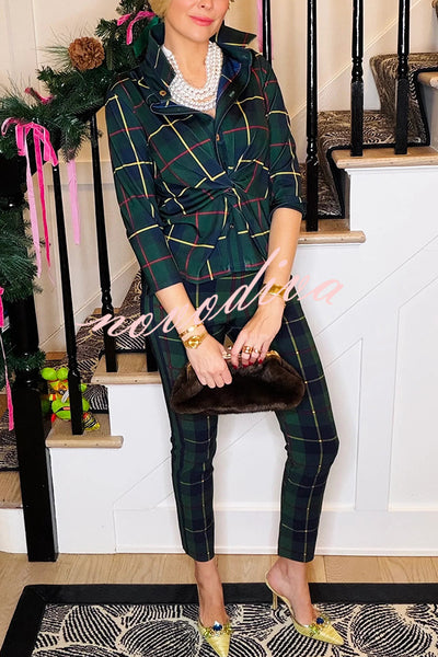 Embrace The Festival Plaid Twist Half Sleeve Shirt and Elastic Waist Pencil Pants Set