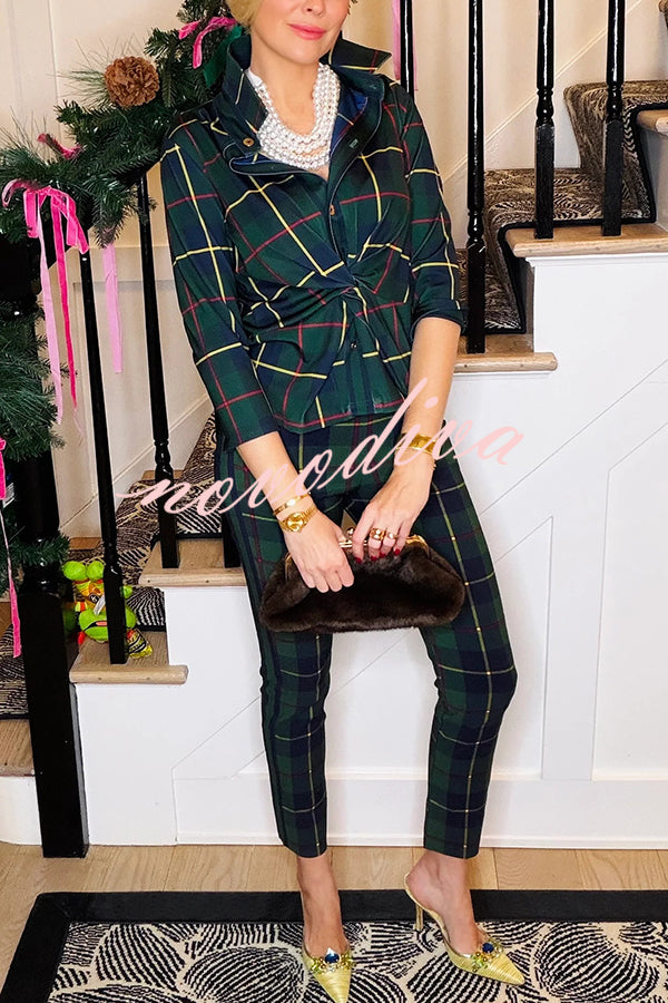Embrace The Festival Plaid Twist Half Sleeve Shirt and Elastic Waist Pencil Pants Set