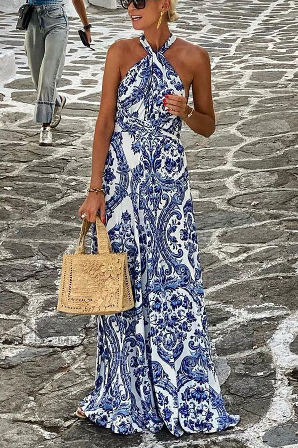 Greek Island Printed Cross Back Halter Flowy Maxi Dress