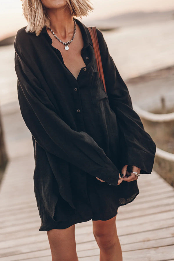 Go To The Beach Linen Blend Pocketed Long Sleeve Oversized Shirt