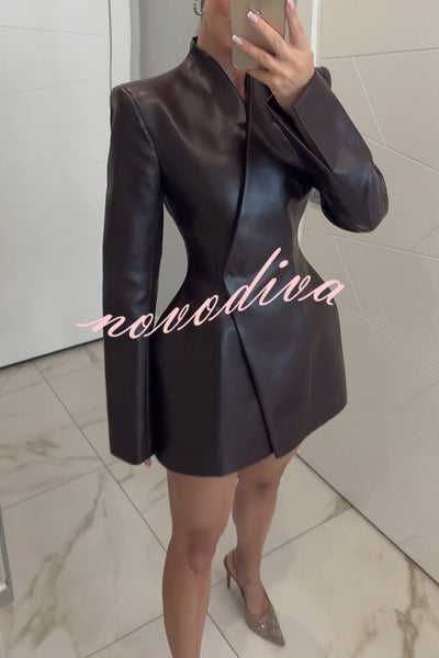 Hourglass Figure Faux Leather Stand Neck Long Slit Sleeve Mini Dress