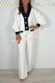 Fashion Contrast Color V-neck Loose Cardigan and Elastic Waist Casual Pants Set