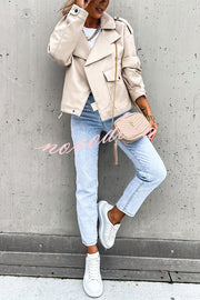 Stylish Leather Lapel Pocket British Style Cropped Jacket