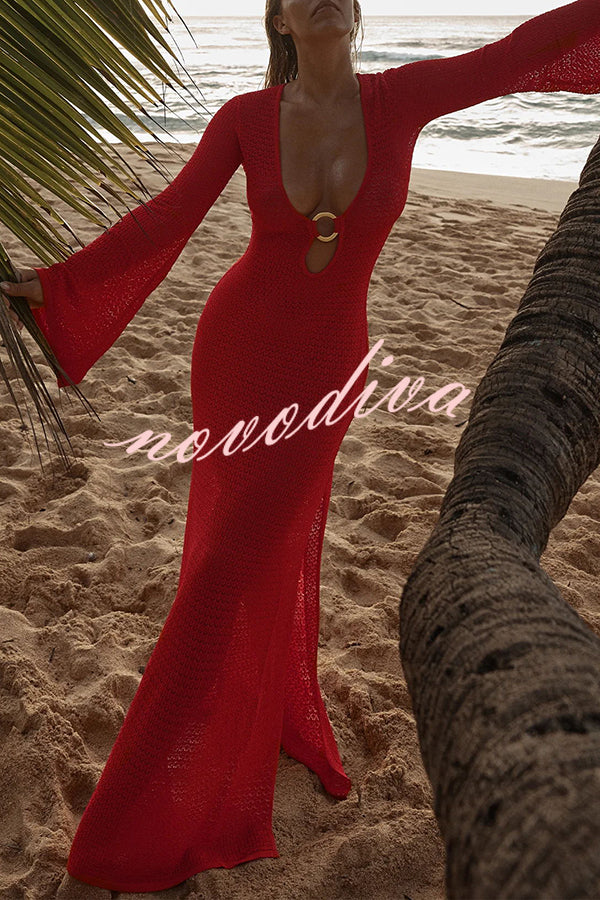 Seaside Goddess Crochet Knit Hollow Out Golden Ring Long Sleeve Cover-up Maxi Dress