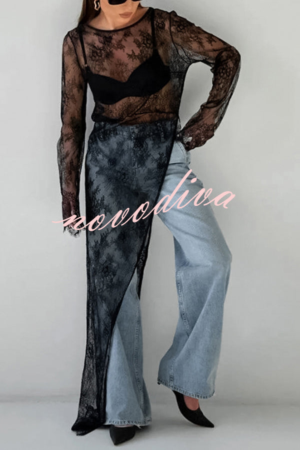 Sexy Openwork Lace Long-sleeved Asymmetrical Casual Top