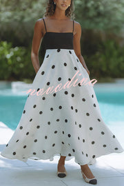 Alias Linen Blend Polka Dot Colorblock Back Smocked Pocket Slip Maxi Dress