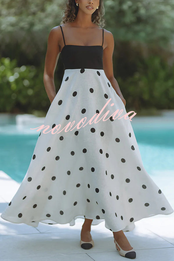 Alias Linen Blend Polka Dot Colorblock Back Smocked Pocket Slip Maxi Dress