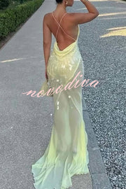 Perfect Night Sequin Embroidery Backless Drape Tulle Hem Slip Maxi Dress
