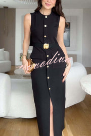 Danina Button Up Sleeveless Metal Belted Pocket Stretch Midi Dress