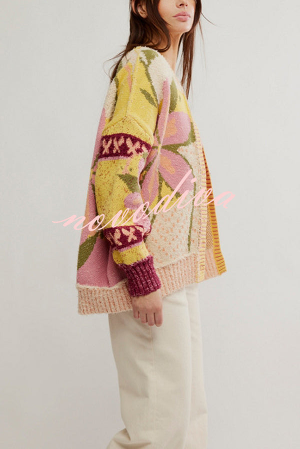 Floral Pattern Loose Long-sleeved Knitted Cardigan