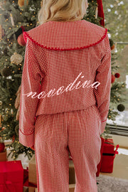 Nutcracker Charm Embroidered Gingham Loose Shirt and Elastic Waist Pajama Set