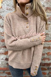 Solid Color High Collar Button Loose Long Sleeve Knitted Sweater
