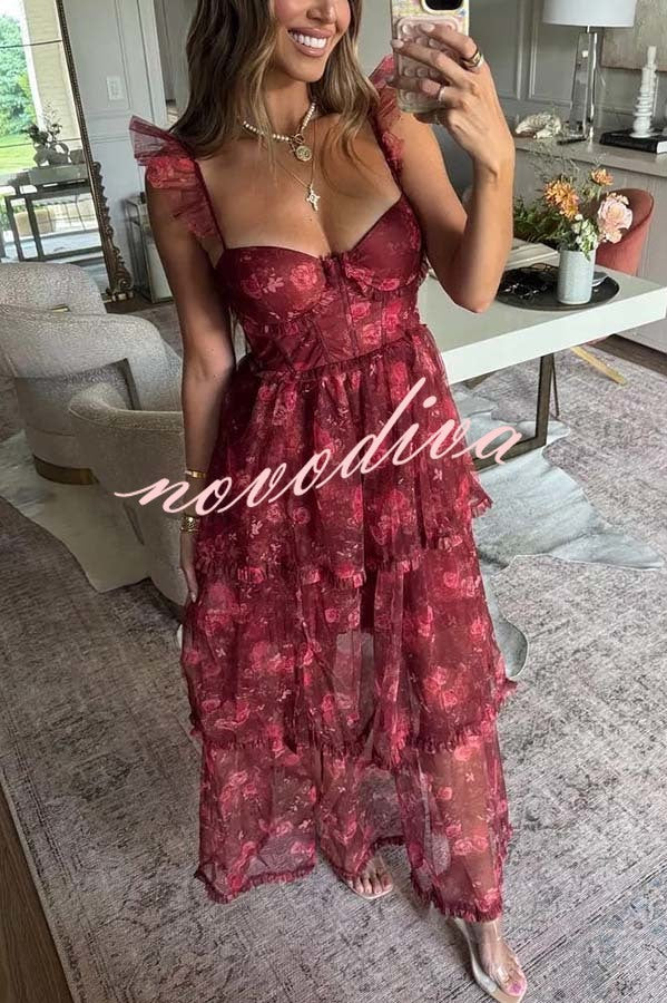 Romantic and Elegant Mesh Floral Back Smocked Tiered Ruffle Maxi Dress