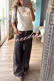 Alboran Knit Organza Flowers Detail Short Sleeve Loose Sweater