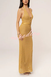 Ocean Dream Crochet Knit Golden Decoration Halter Stretch Maxi Dress