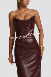 Alba Faux Leather Pleated Off Shoulder Neck Slit Stretch Maxi Dress