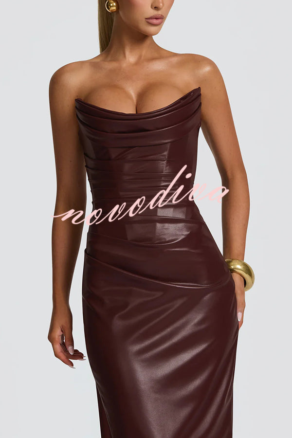 Alba Faux Leather Pleated Off Shoulder Neck Slit Stretch Maxi Dress