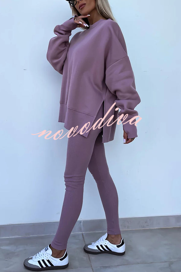 Solid Color Loose Long Sleeve SlitSweatshirt and Elastic Waist Tight Pants Set