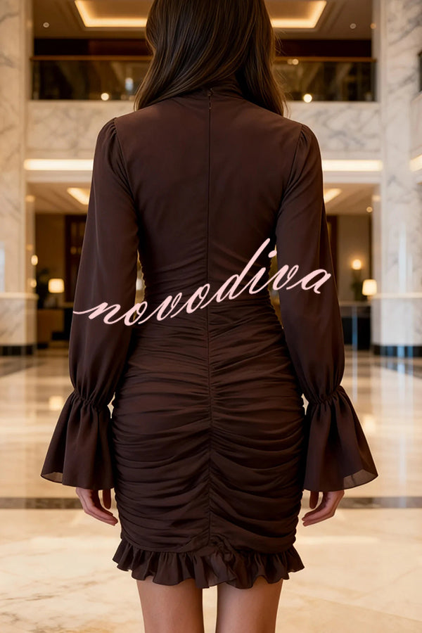 Sexy See-through Tulle High-neck Waist Pleated Ruffle Mini Dress
