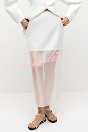 Simple and Light See-through Fabric Mid Rise Pencil Slit Midi Skirt