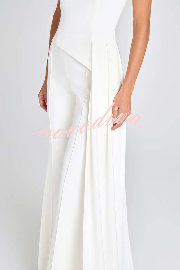 Pippa High Neck Short Sleeve Irregular Drape Hem Top and Elastic Waist Flare Pants Set