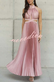 Stunning Choice Satin Pleated Halter High Neck Cutout Waist Backless Maxi Dress